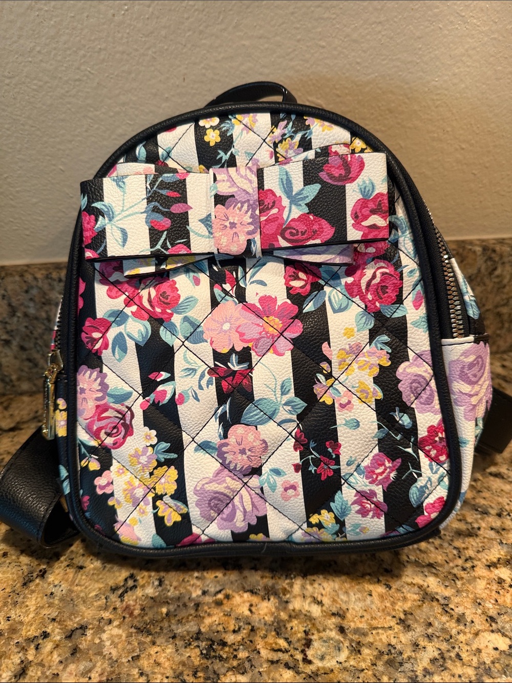 Betsey Johnson Black & White Striped Mini Backpack with Pink Floral Print